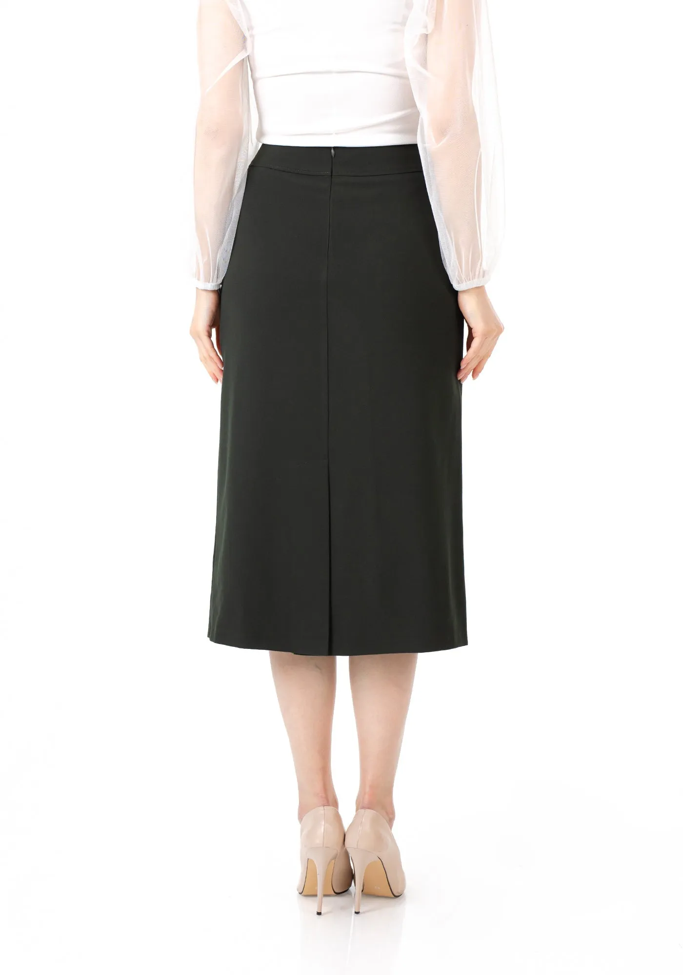 Khaki Back Vented Midi Pencil Skirt