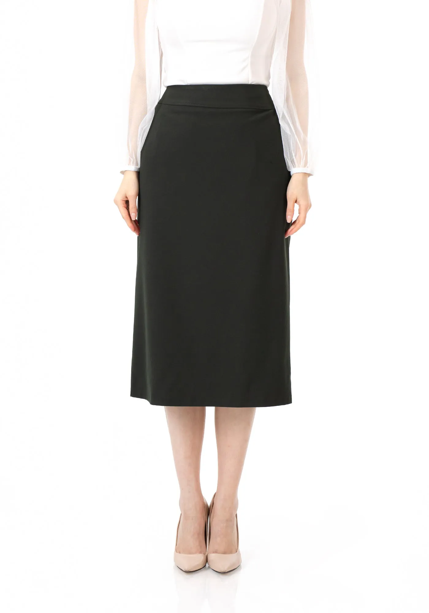 Khaki Back Vented Midi Pencil Skirt