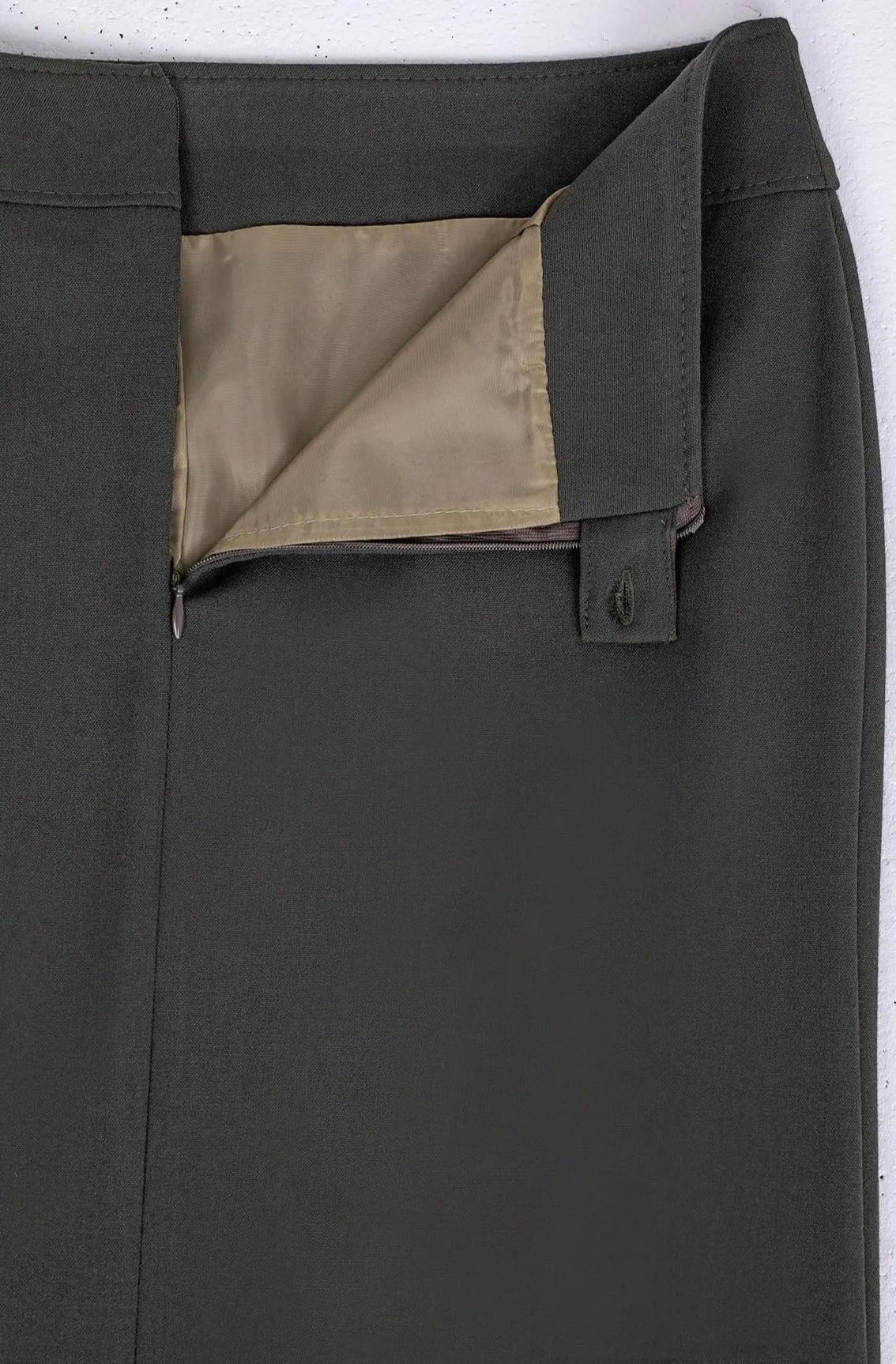Khaki Back Vented Midi Pencil Skirt