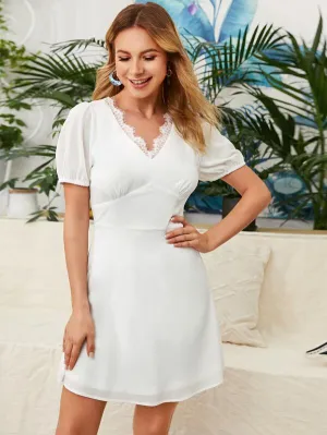 Lace Detail V-neck Puff Sleeve Dress