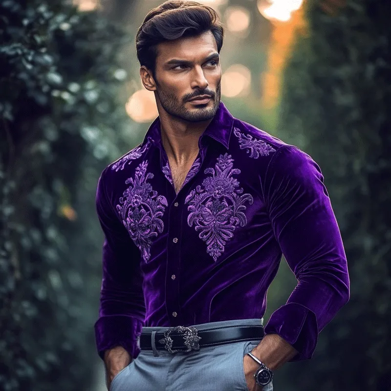 Men's Fashion Embroidery Lapel Long Sleeve Velvet Shirt 91638237Z