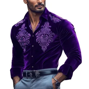 Men's Fashion Embroidery Lapel Long Sleeve Velvet Shirt 91638237Z
