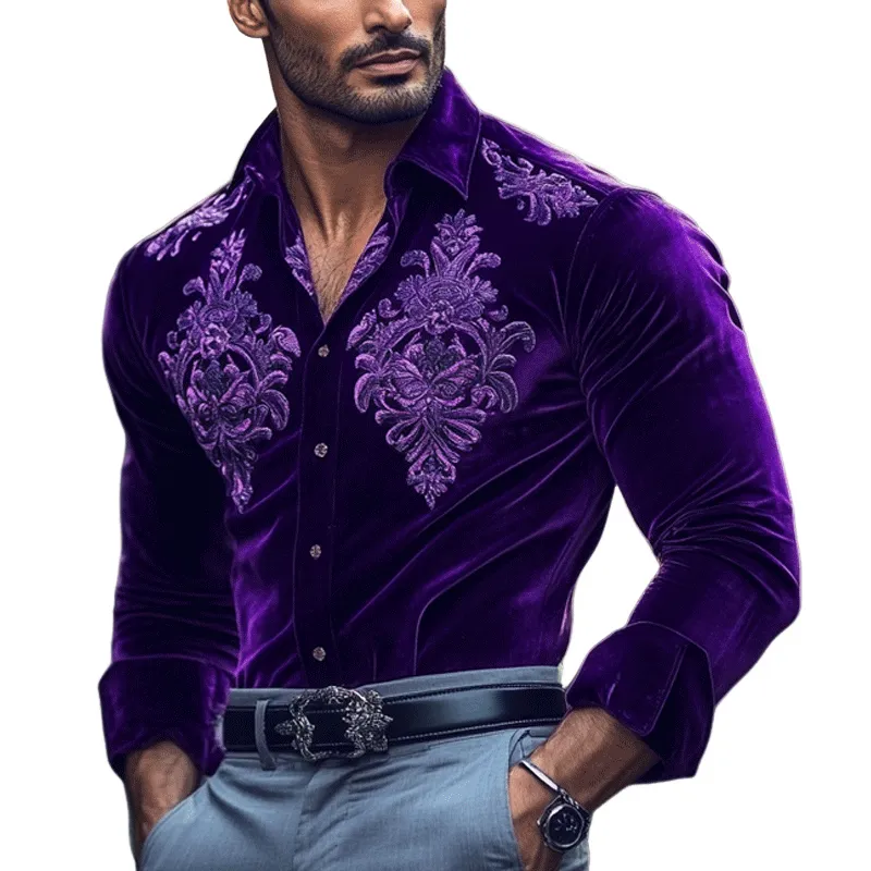 Men's Fashion Embroidery Lapel Long Sleeve Velvet Shirt 91638237Z