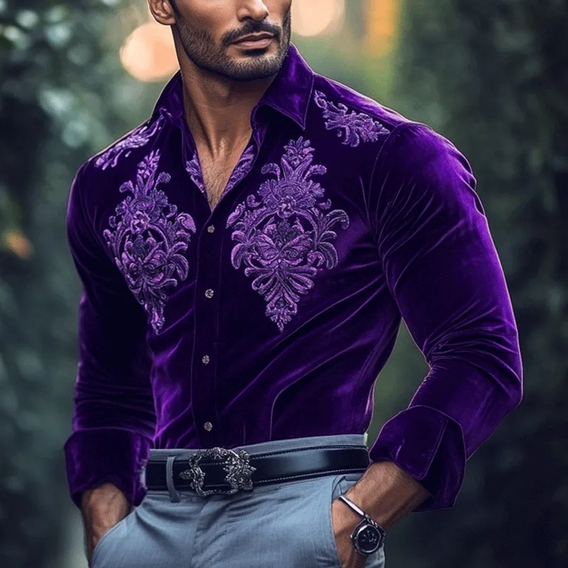 Men's Fashion Embroidery Lapel Long Sleeve Velvet Shirt 91638237Z