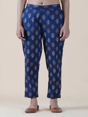 Navy Ajrakh Print Straight Fitted Pants