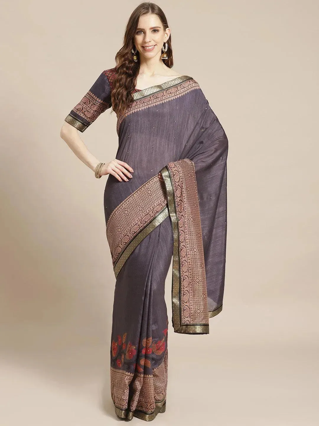 Navy Blue Printed Chiffon Saree