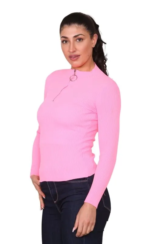 Neon Pink Rib Zip up Knitted top