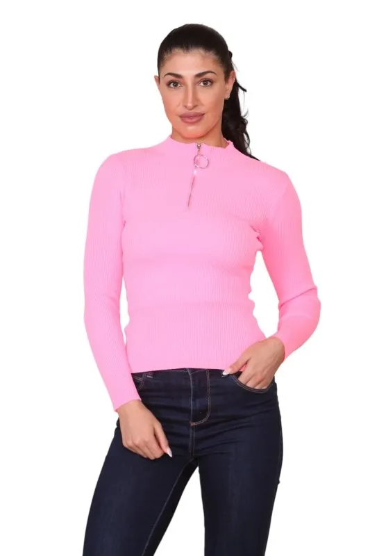 Neon Pink Rib Zip up Knitted top