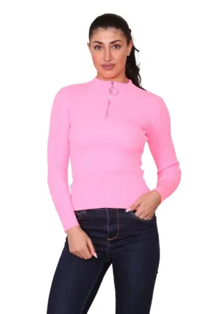 Neon Pink Rib Zip up Knitted top