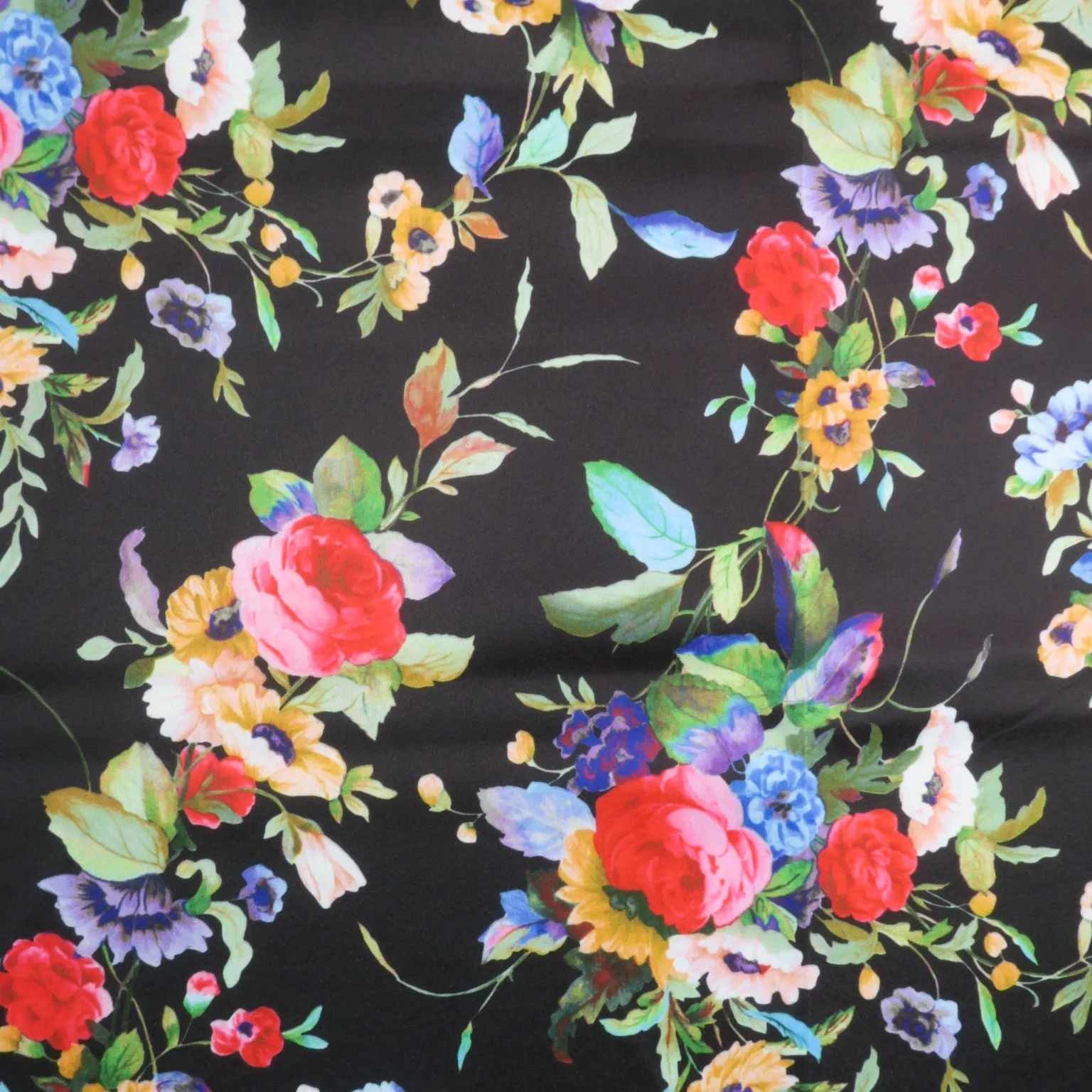 Pink and Red Roses on Black Background Printed Polyester Mikado Fabric