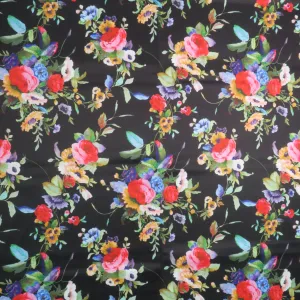 Pink and Red Roses on Black Background Printed Polyester Mikado Fabric