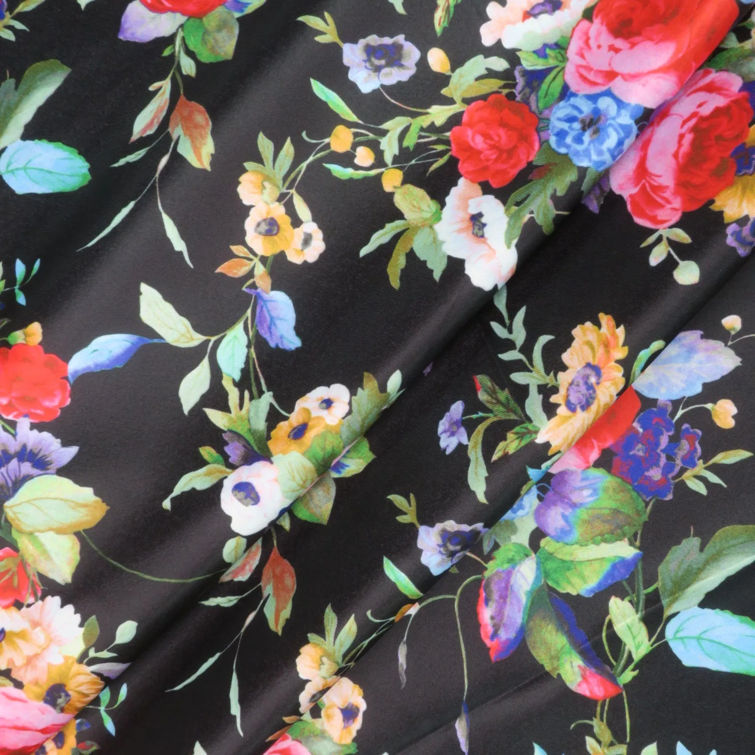 Pink and Red Roses on Black Background Printed Polyester Mikado Fabric