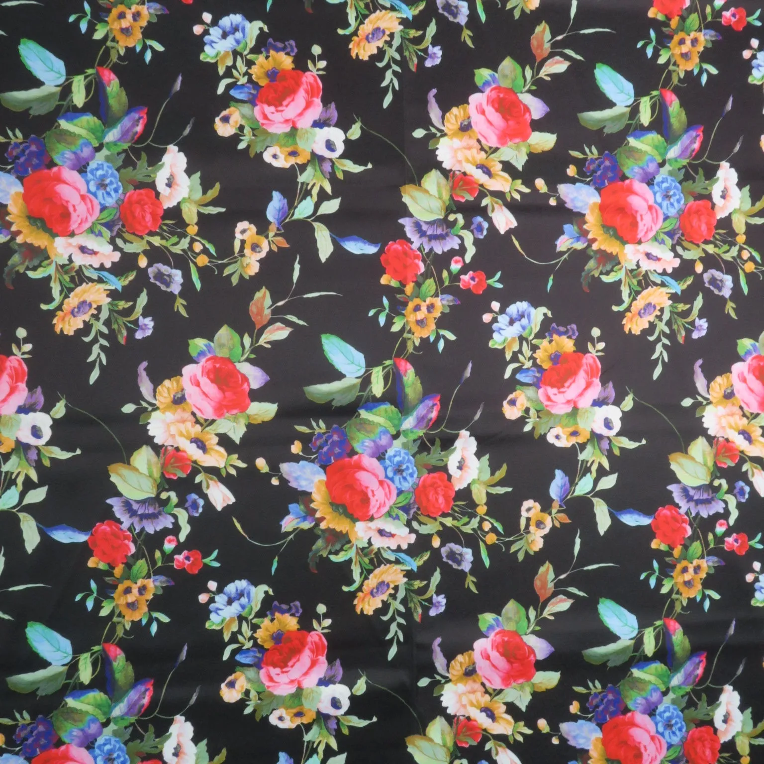 Pink and Red Roses on Black Background Printed Polyester Mikado Fabric