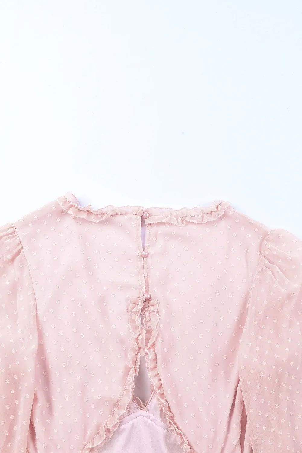 Pink Layered Ruffled Open Back Puff Sleeve Swiss Dot Mini Dress