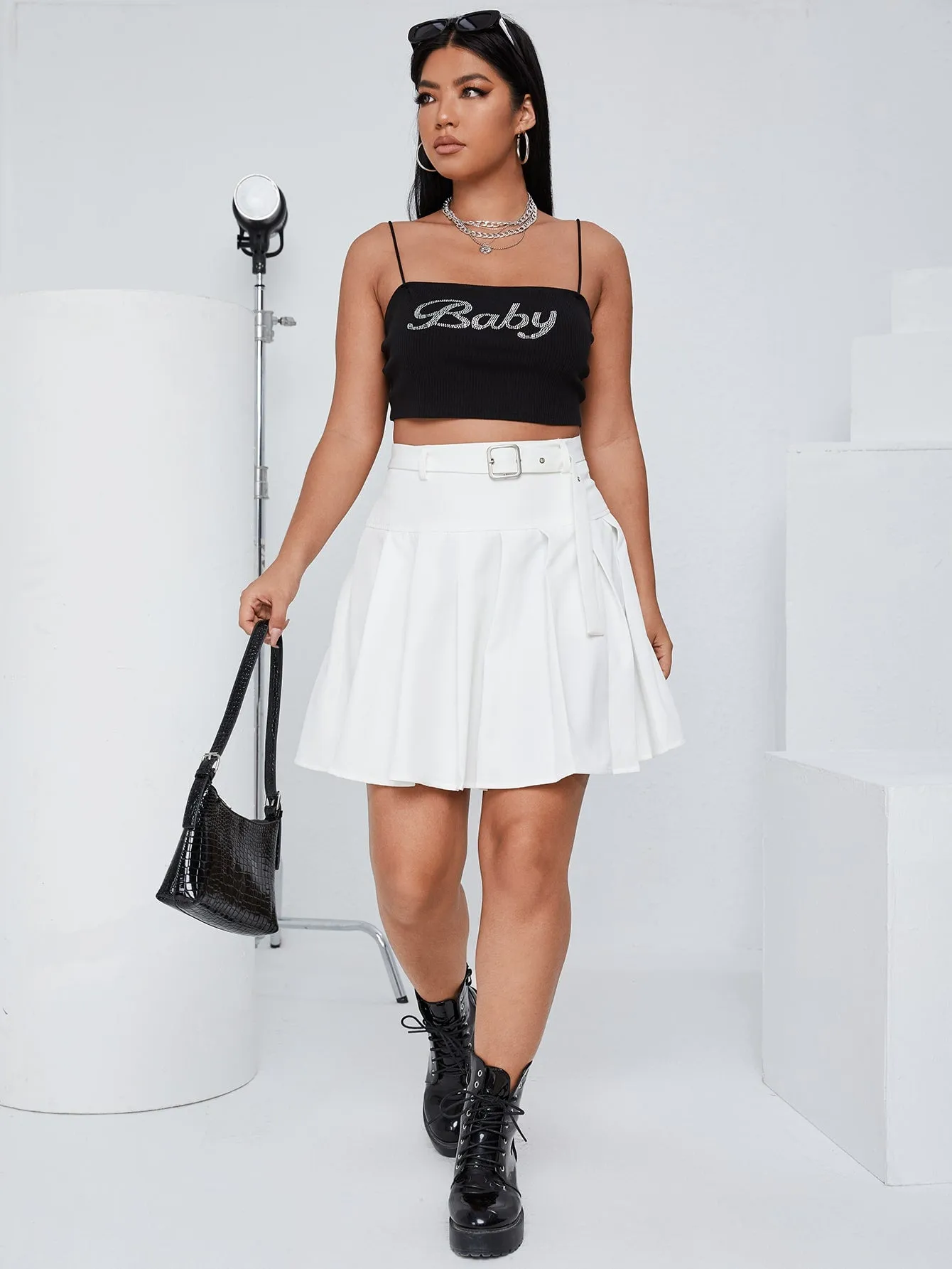 Plain Belted Short Plus Size Skirt