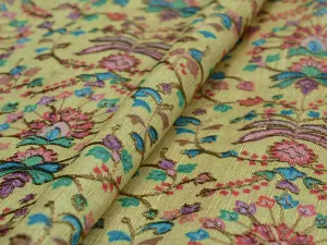 Precut of 1.7 Meter Light Yellow Traditional Digital Print Heavy Zari Embroidered Mulberry Silk Fabric