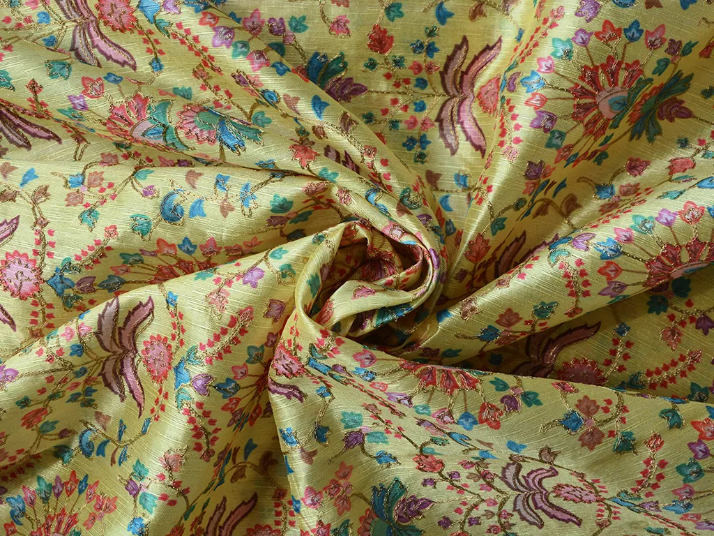 Precut of 1.7 Meter Light Yellow Traditional Digital Print Heavy Zari Embroidered Mulberry Silk Fabric