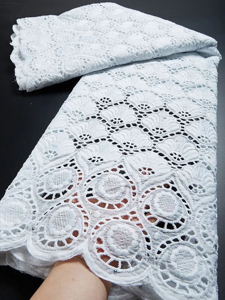 Pure Cotton African Lace Fabric with Stones Embroidery - High Quality Voile Lace for Sewing Clothes