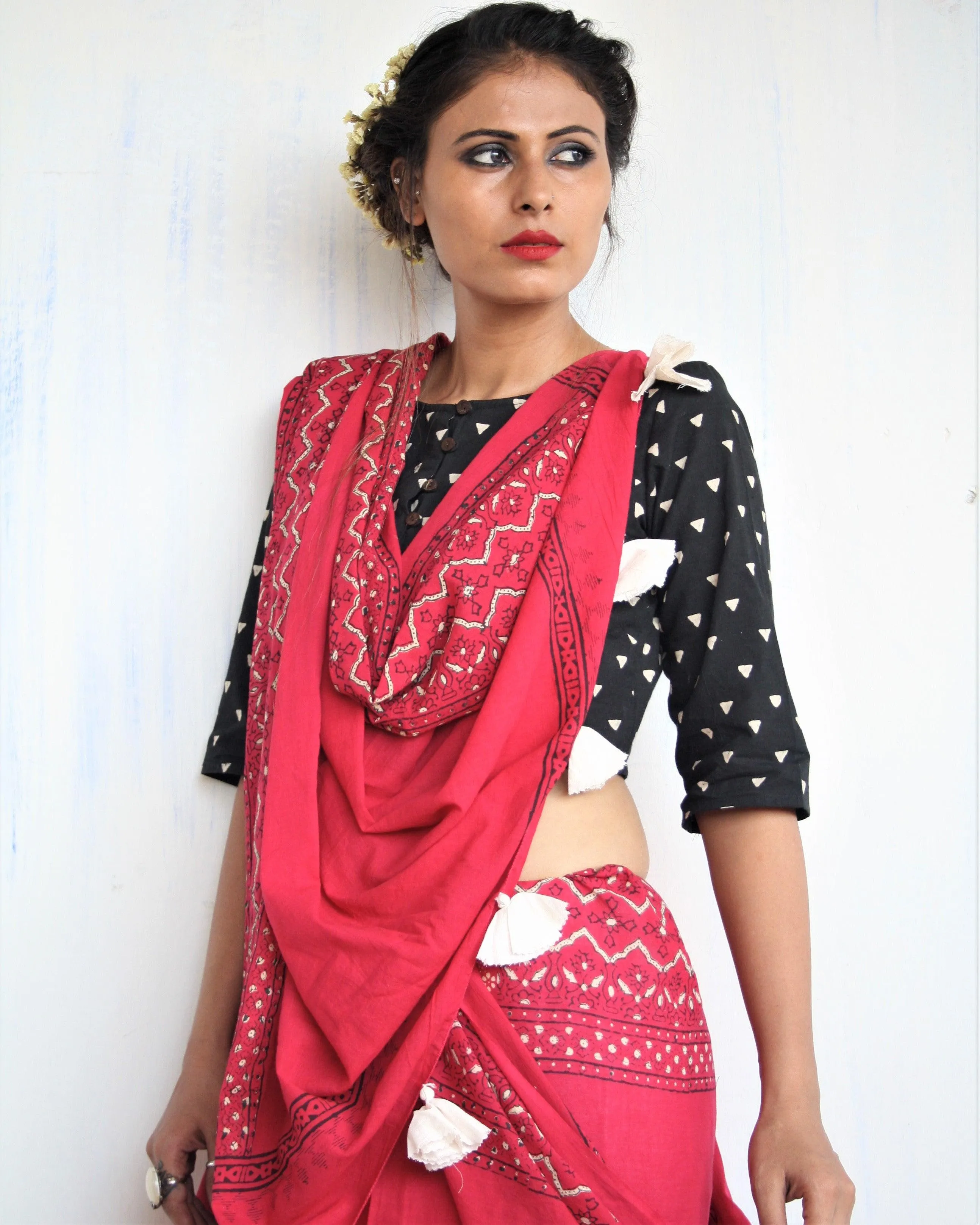 "Maroon & White Pure Cotton Block Print Saree "