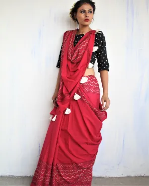 "Maroon & White Pure Cotton Block Print Saree "