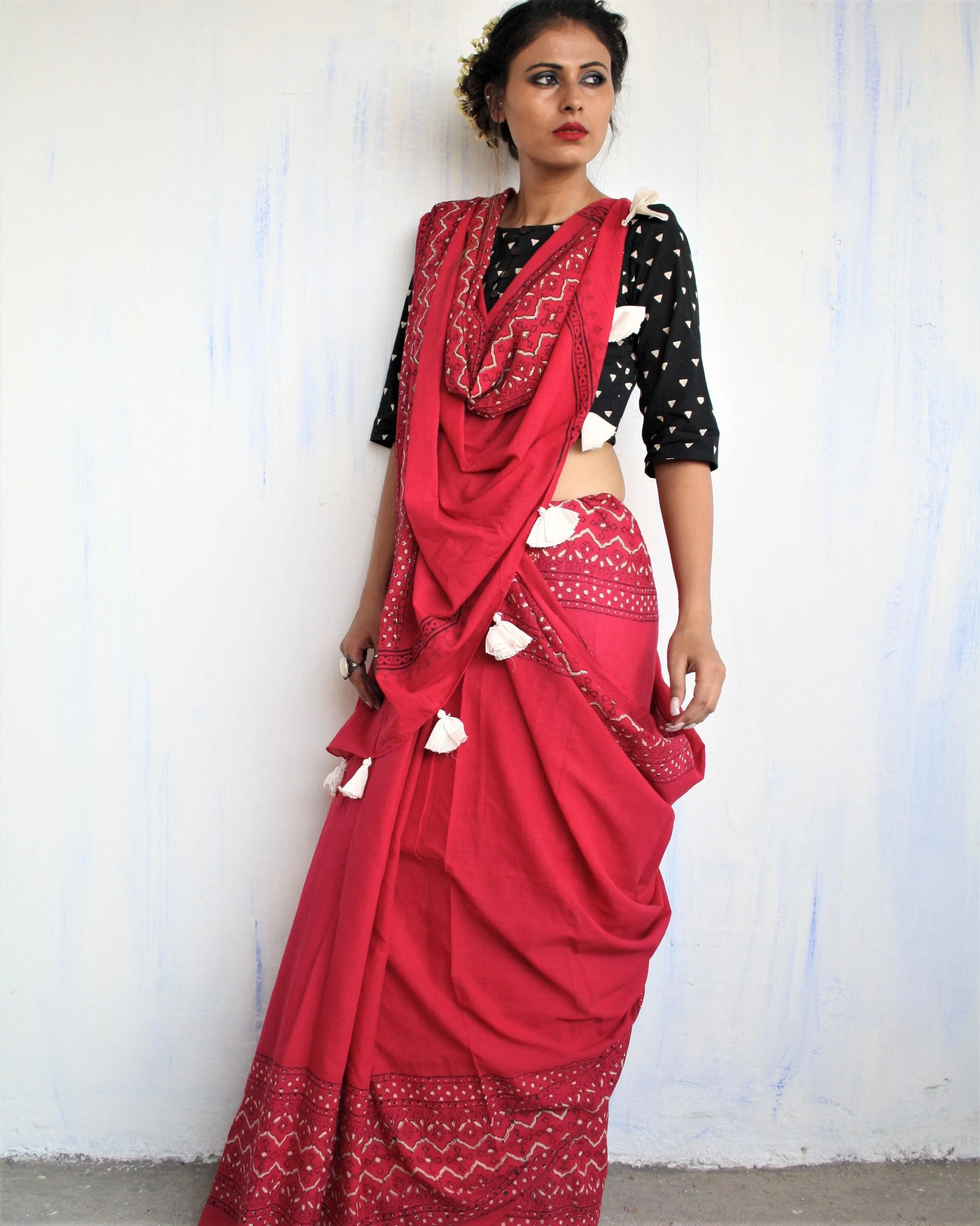 "Maroon & White Pure Cotton Block Print Saree "