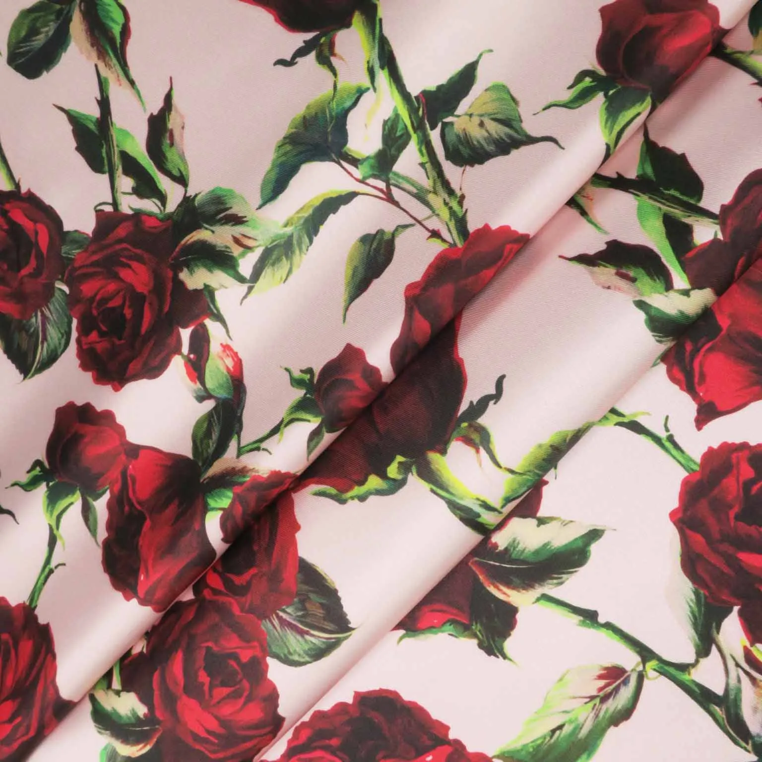 Red Roses on Pink Background Printed Polyester Mikado Fabric