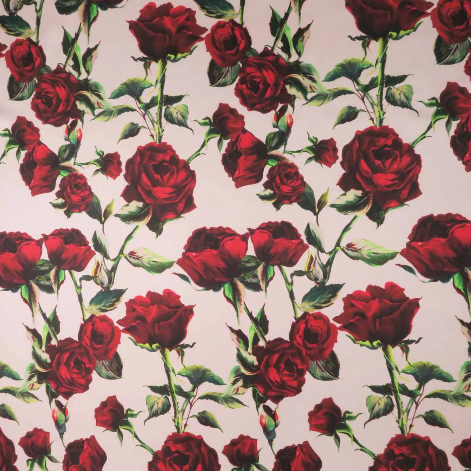 Red Roses on Pink Background Printed Polyester Mikado Fabric
