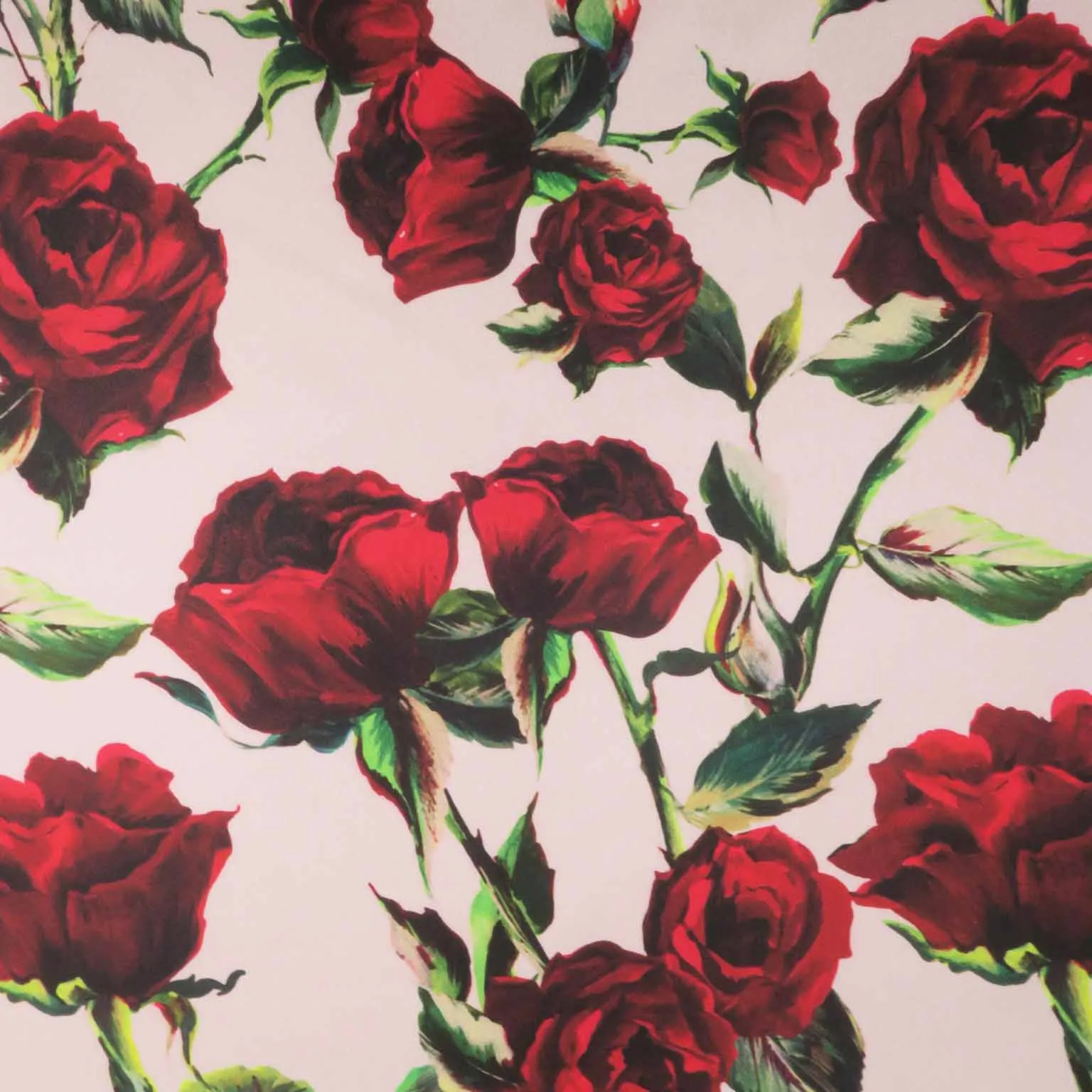 Red Roses on Pink Background Printed Polyester Mikado Fabric