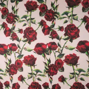 Red Roses on Pink Background Printed Polyester Mikado Fabric
