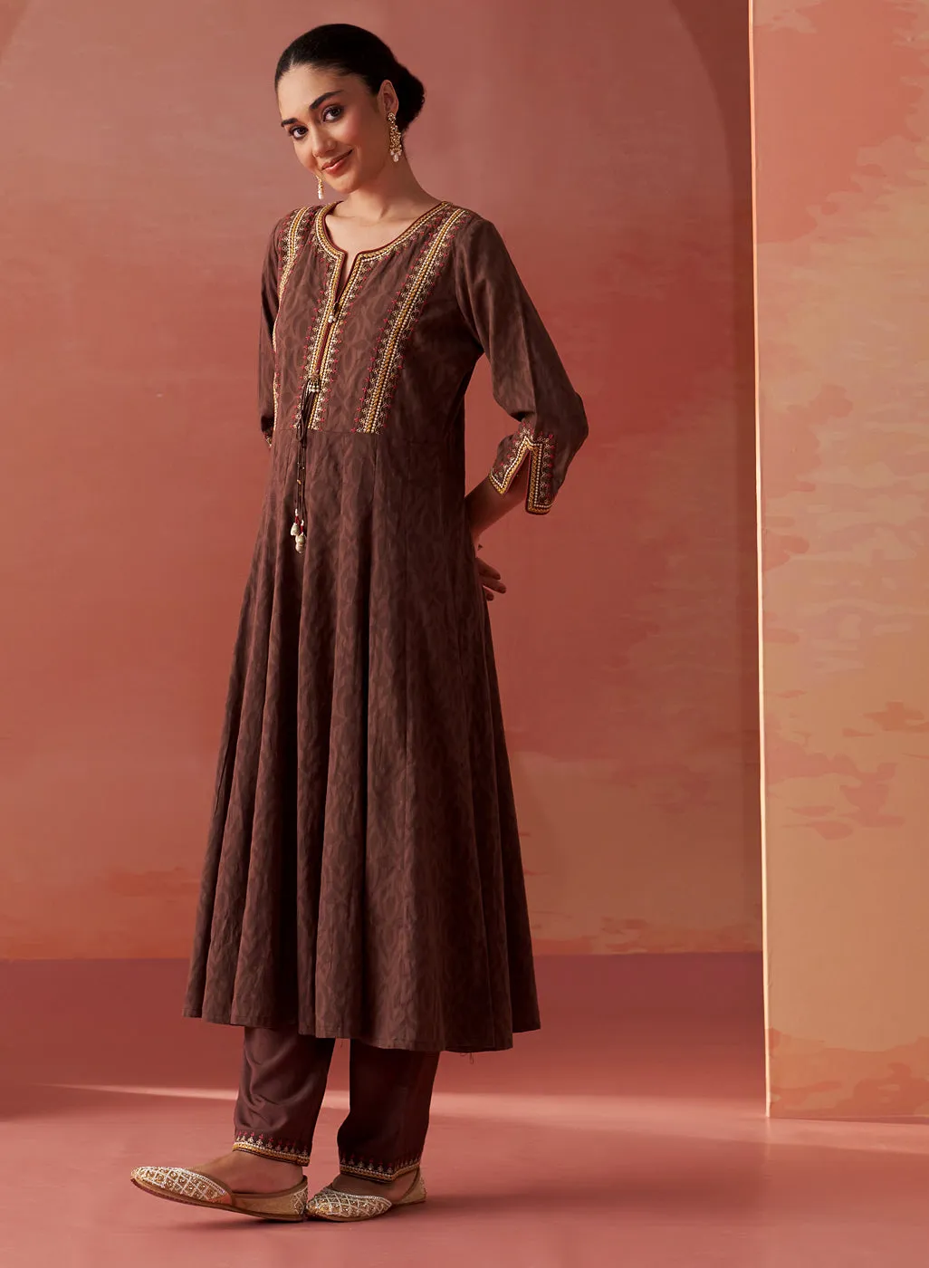 Shazia Coffee Brown Embroidered Cotton Kurta Set for Women