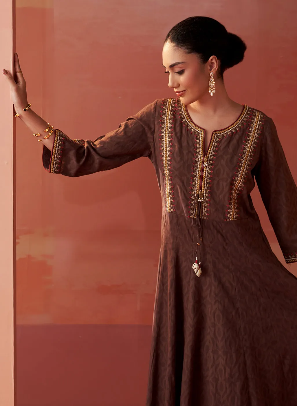 Shazia Coffee Brown Embroidered Cotton Kurta Set for Women
