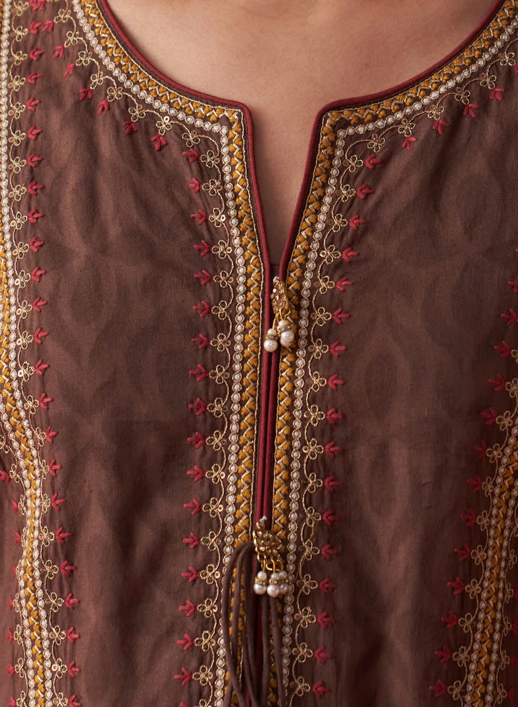 Shazia Coffee Brown Embroidered Cotton Kurta Set for Women
