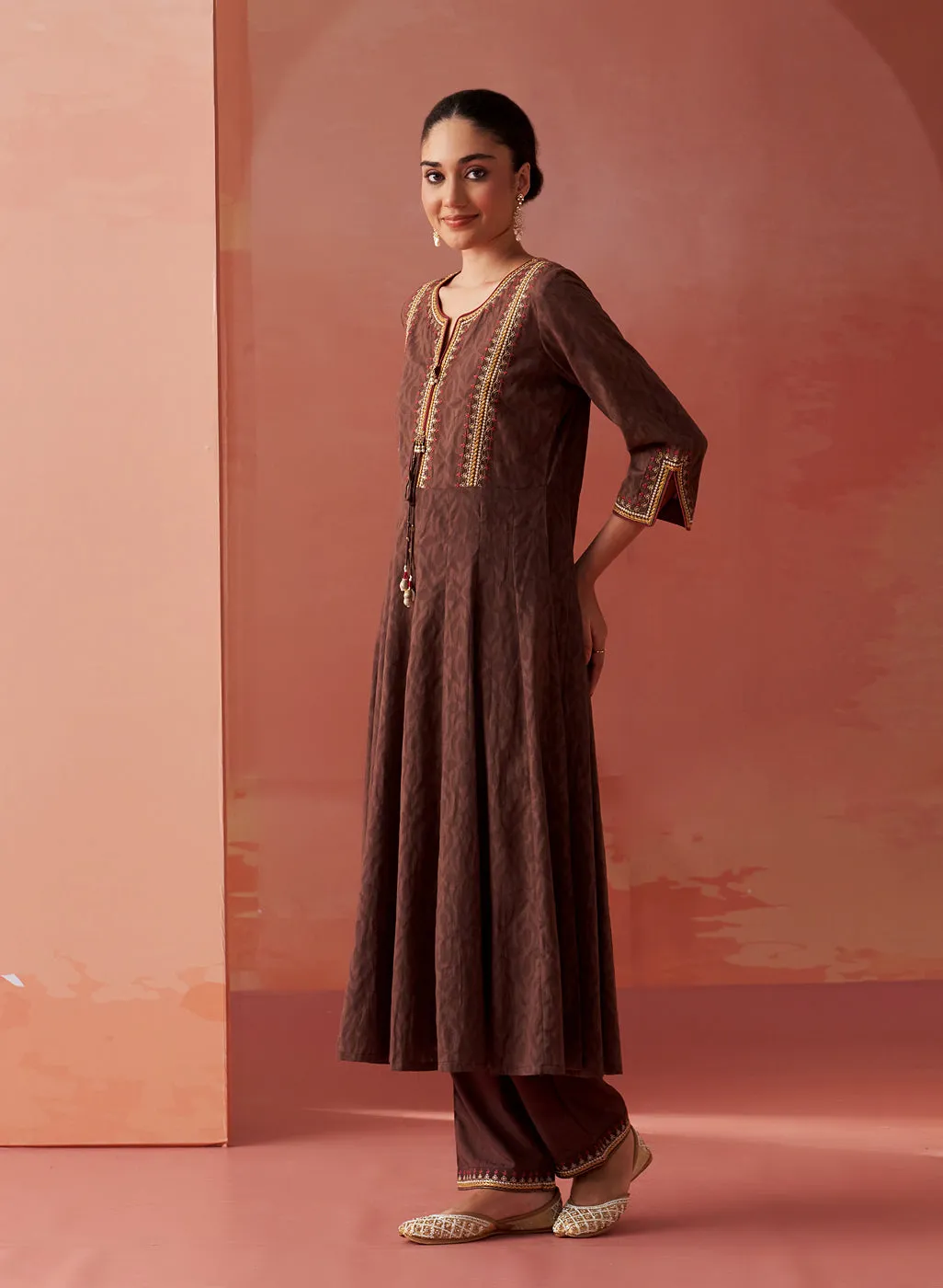 Shazia Coffee Brown Embroidered Cotton Kurta Set for Women