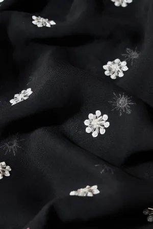 Silver Beads With Sequins Small Floral Handwork Embroidery On Black Viscose Georgette Fabric
