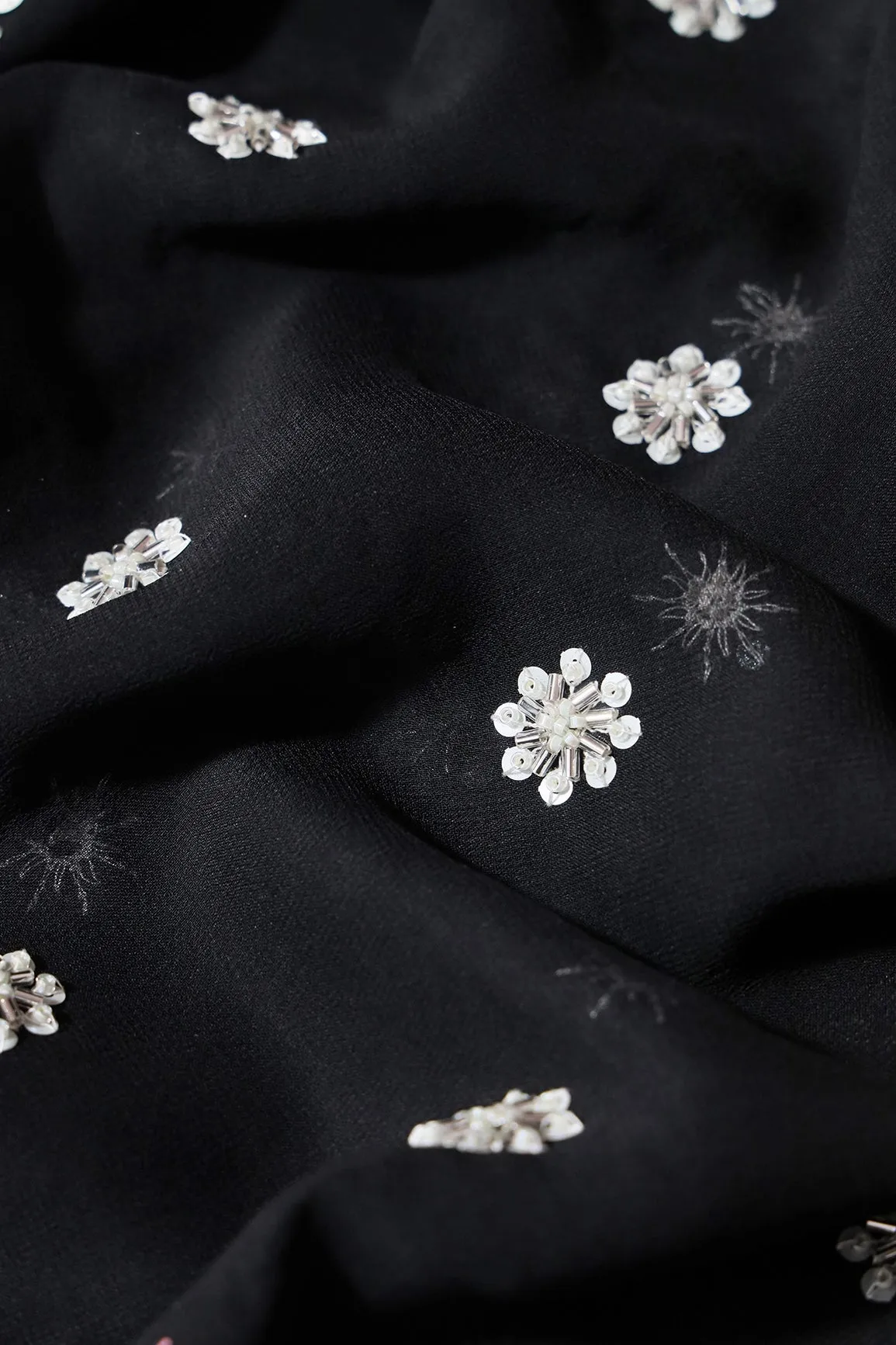 Silver Beads With Sequins Small Floral Handwork Embroidery On Black Viscose Georgette Fabric
