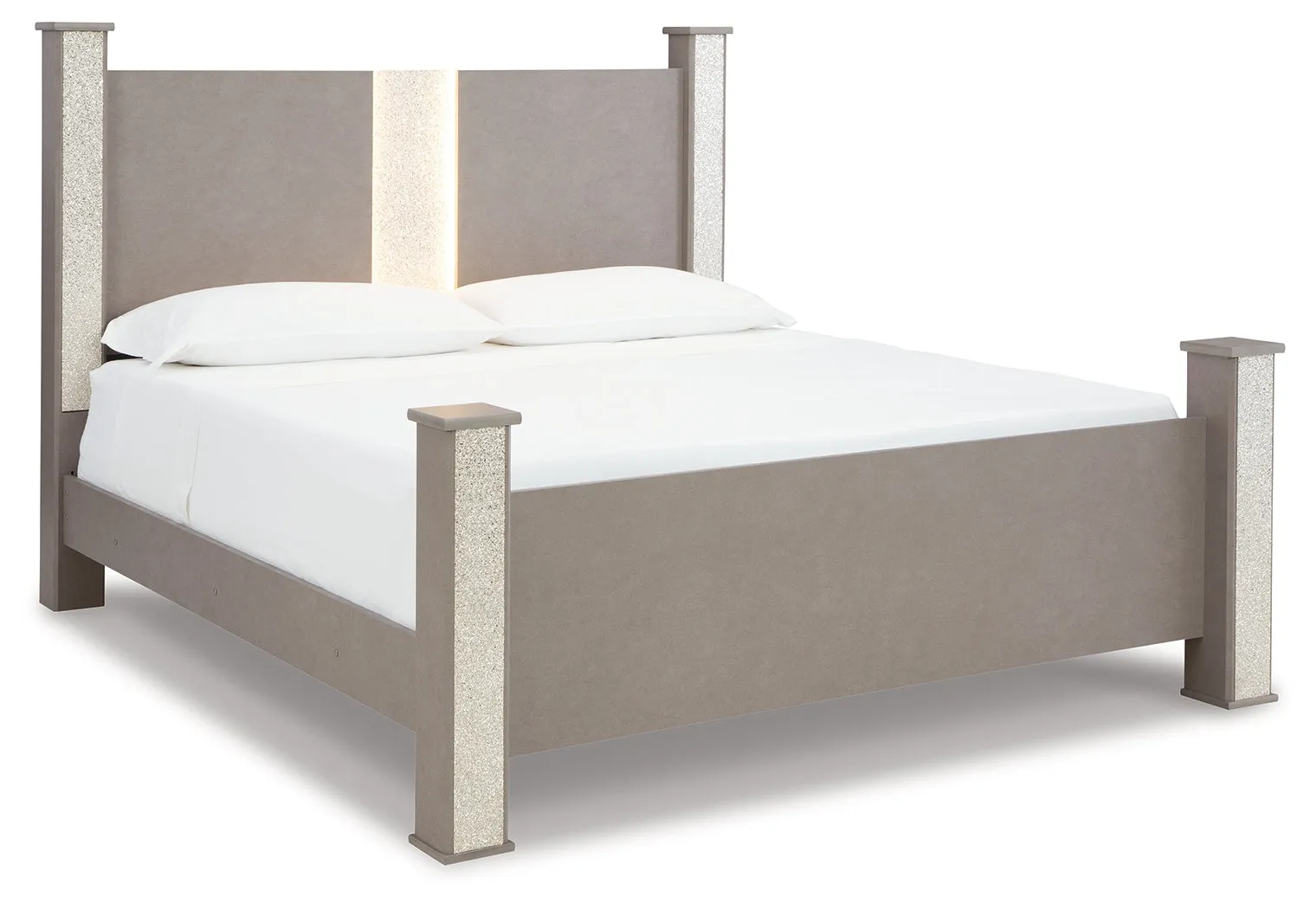 Surancha King Poster Bed with Mirrored Dresser in Gray
