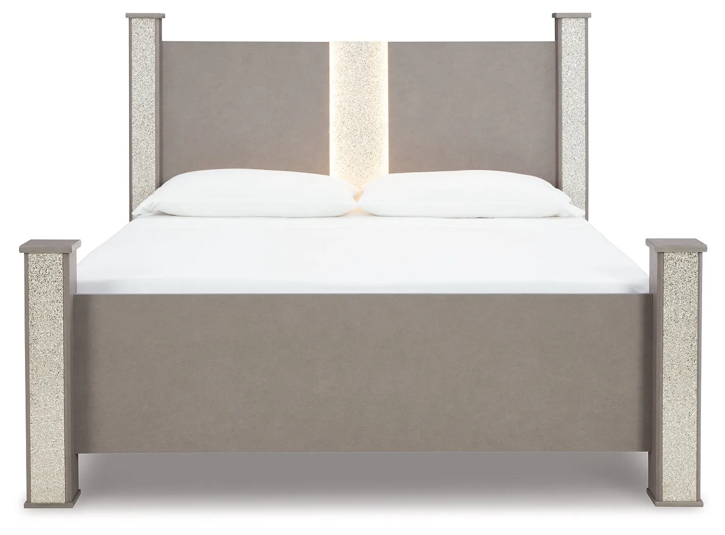 Surancha King Poster Bed with Mirrored Dresser in Gray