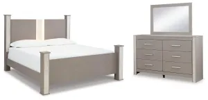 Surancha King Poster Bed with Mirrored Dresser in Gray