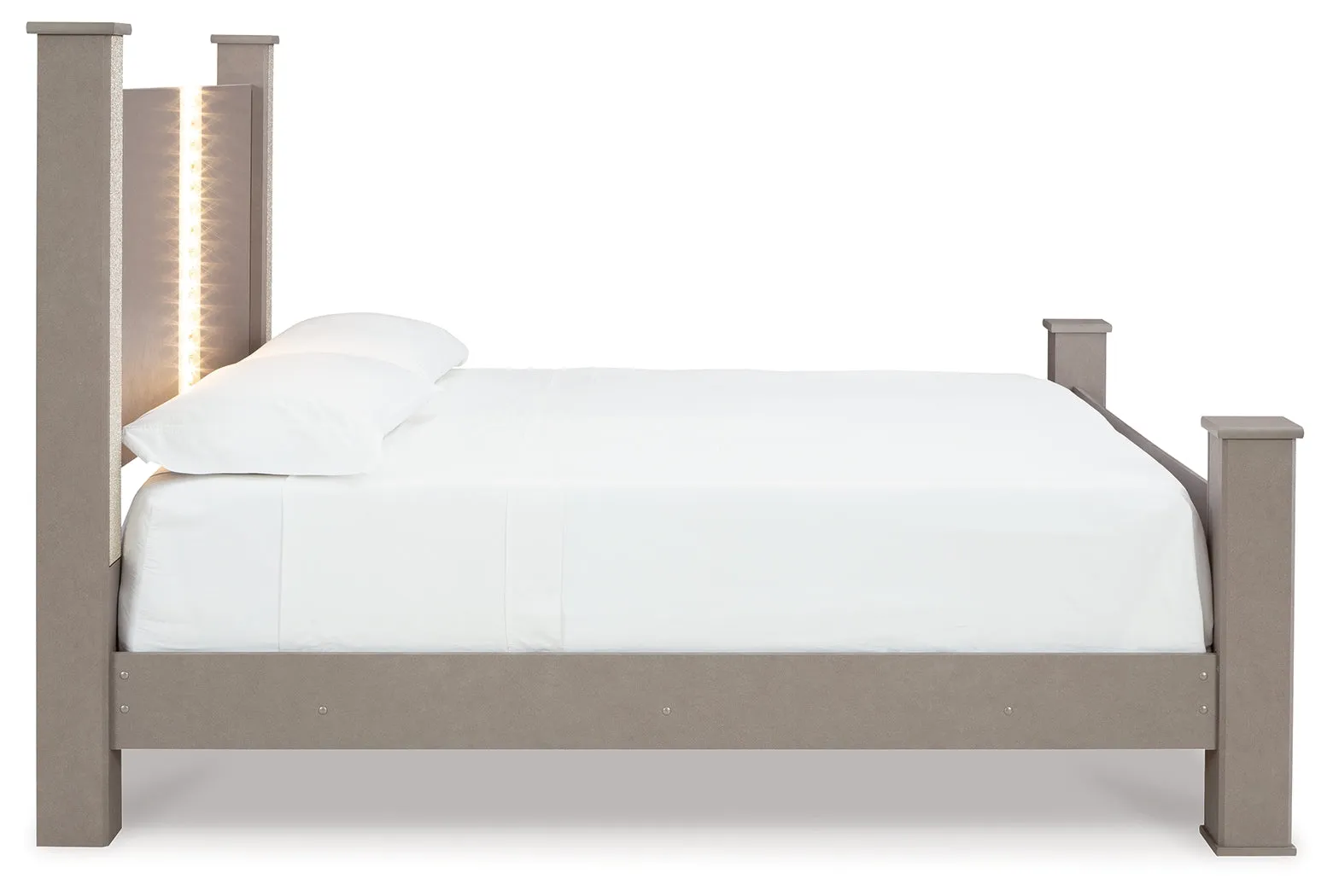 Surancha King Poster Bed with Mirrored Dresser in Gray