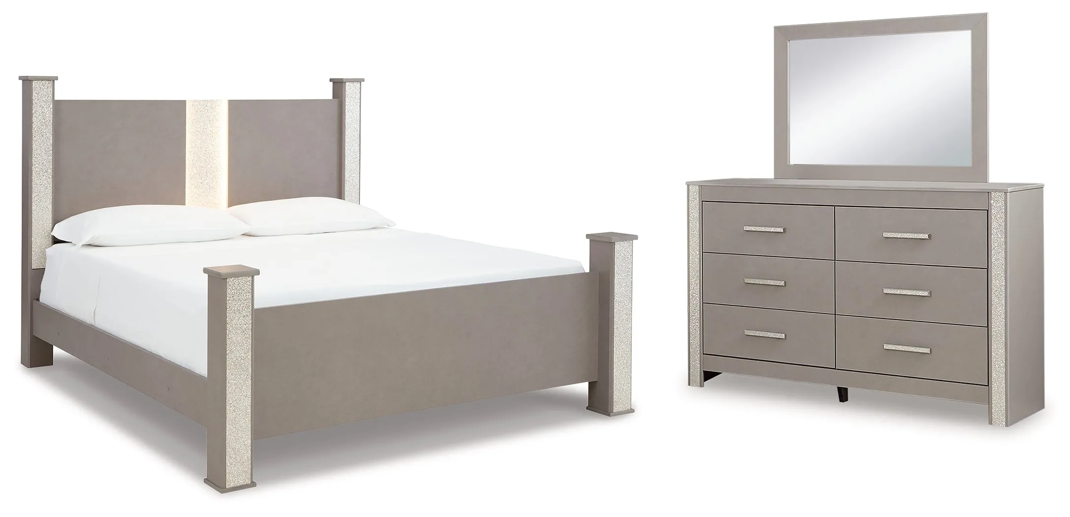 Surancha King Poster Bed with Mirrored Dresser in Gray