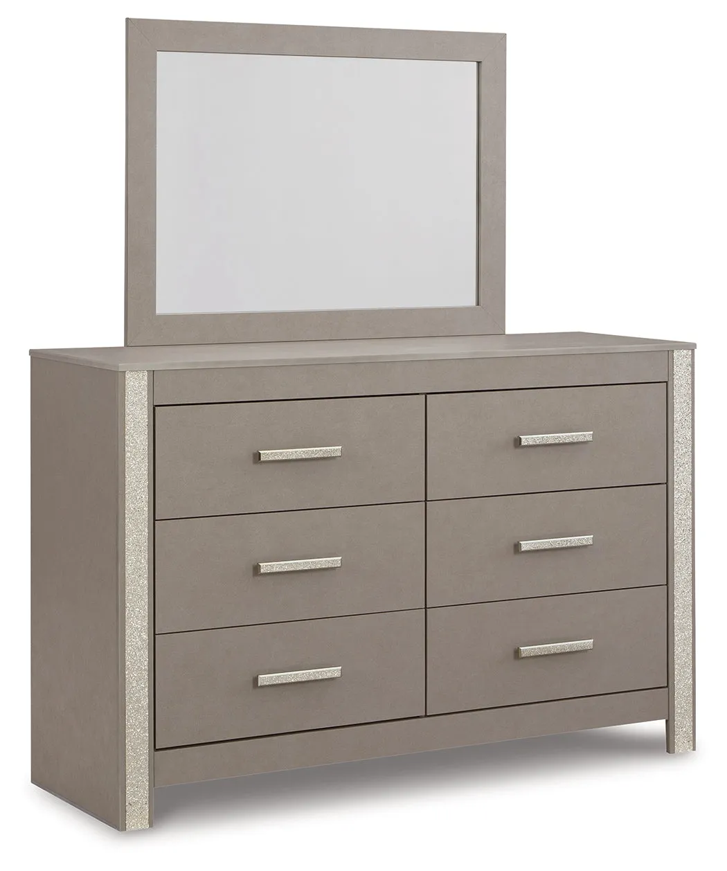 Surancha King Poster Bed with Mirrored Dresser in Gray