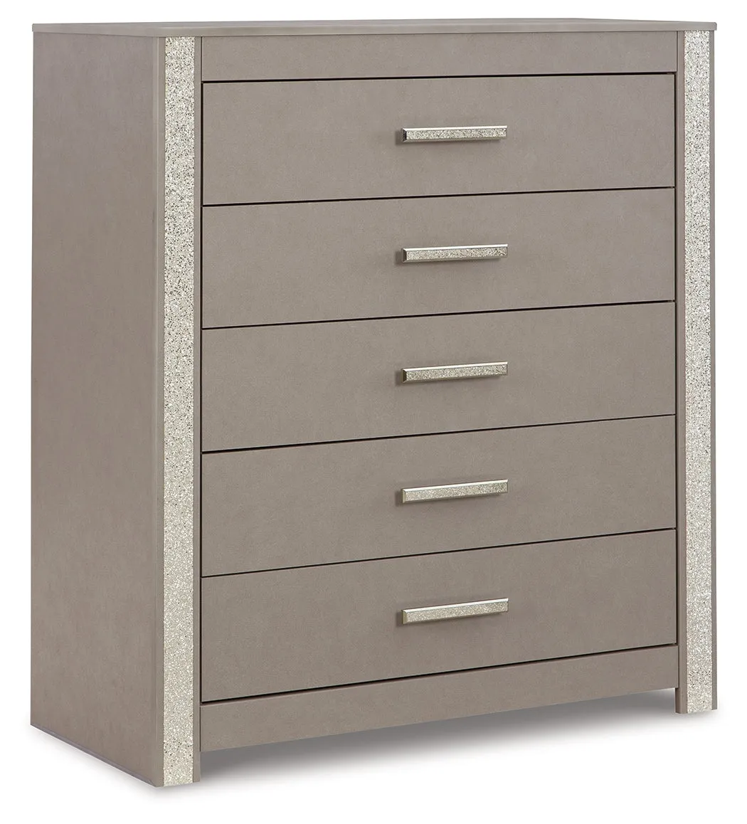 Surancha Queen Panel Bed with Mirrored Dresser, Chest and Nightstand in Gray
