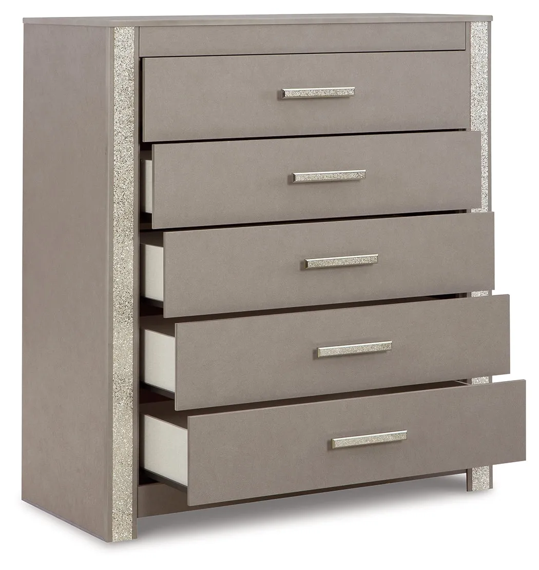Surancha Queen Panel Bed with Mirrored Dresser, Chest and Nightstand in Gray