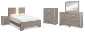Surancha Queen Panel Bed with Mirrored Dresser, Chest and Nightstand in Gray
