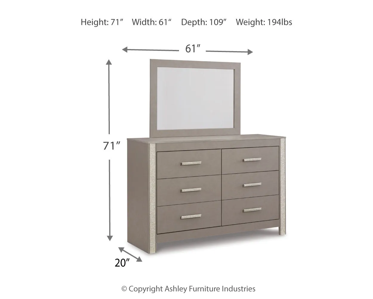 Surancha Queen Panel Bed with Mirrored Dresser, Chest and Nightstand in Gray