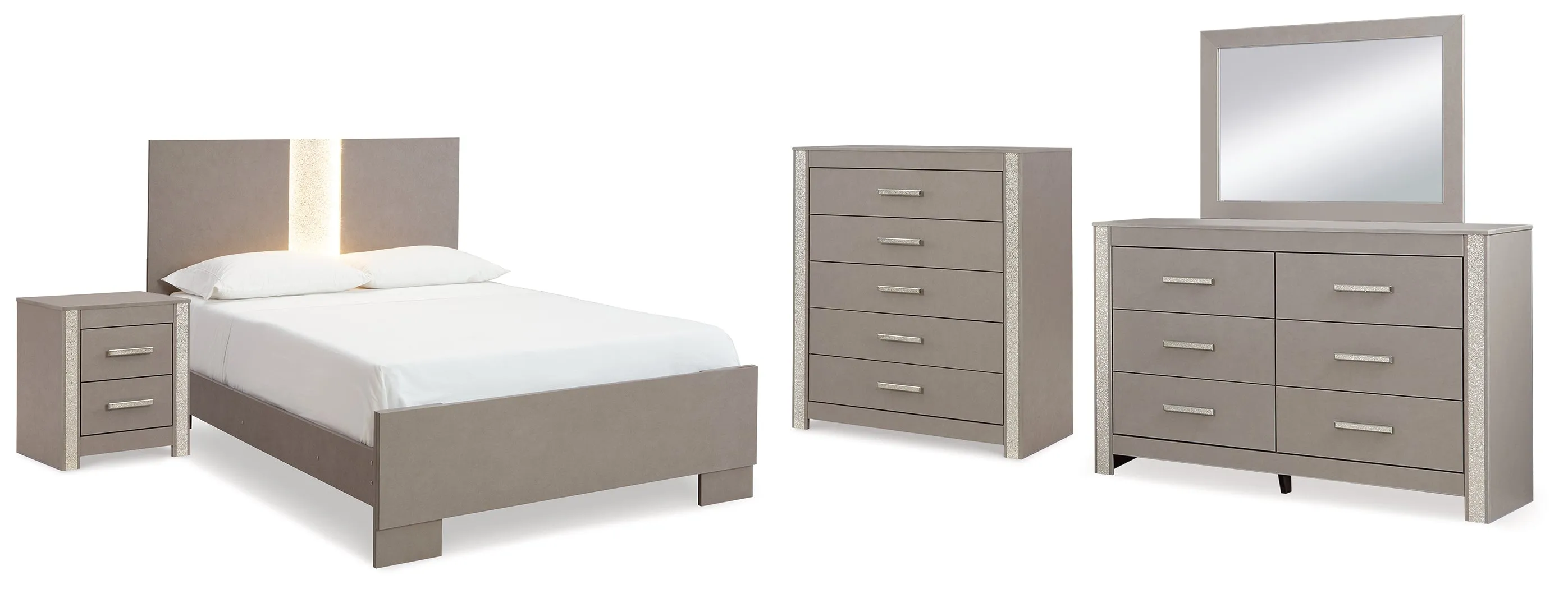 Surancha Queen Panel Bed with Mirrored Dresser, Chest and Nightstand in Gray