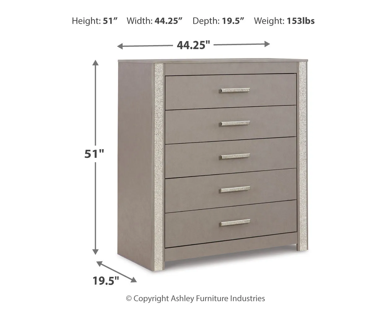 Surancha Queen Panel Bed with Mirrored Dresser, Chest and Nightstand in Gray
