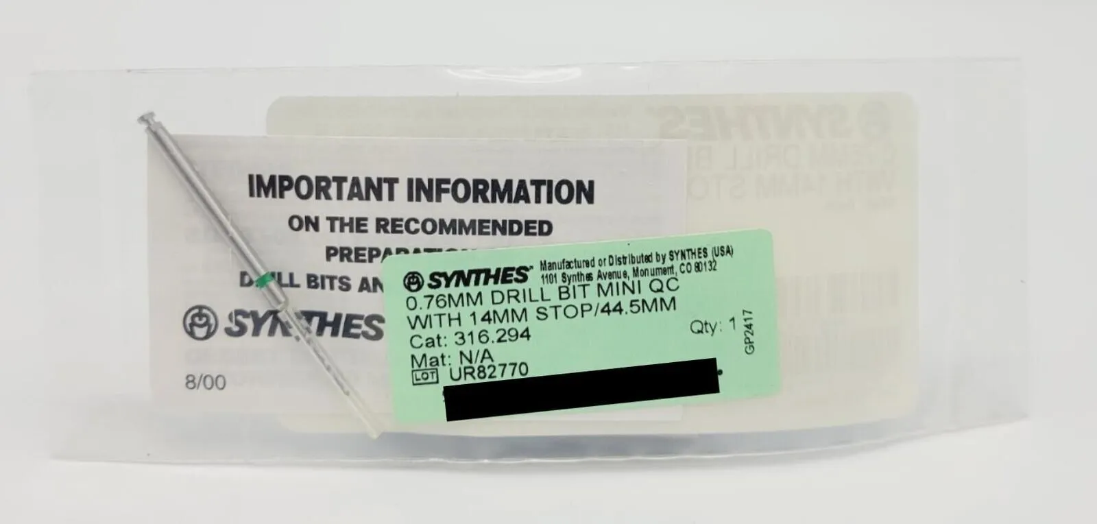 Synthes 316.294 Drill Bit Mini Quick Connect w/ 14mm Stop 44.5mm New