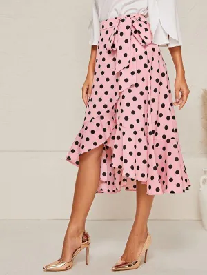 Tie Waist Ruffle Trim Wrap Polka Dot Skirt