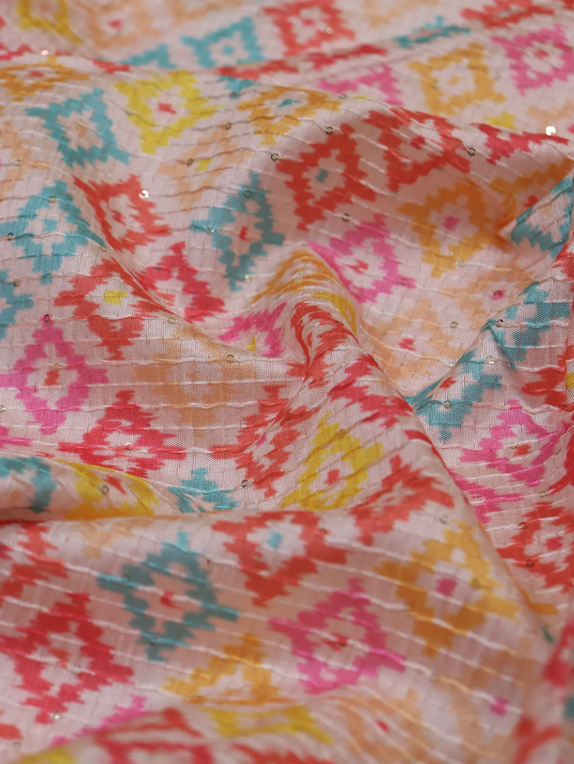 Vibrant Tussar Silk Fabric: Multicolor Digital Print - 1 Mtr